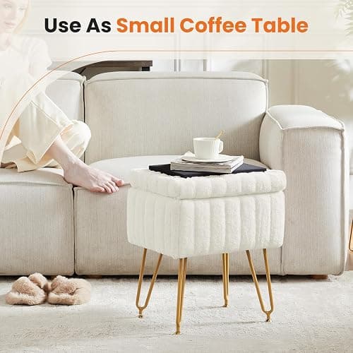 Sweetcrispy Vanity Stool Chair with Storage, Ottoman Faux Fur Soft Padded Makeup Footstools Seat with 4 Metal Legs Anti-Slip Adjustable Feet Modern Cute Small Footrest for Home Entryway Bedroom White thumbnail 5