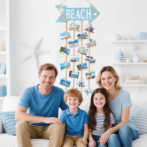 WeDoSoy Coastal Style Hanging Photo Display Holder with 30 Clips (10 Shell Clips), Wooden Frames Wall Picture Organizer for Beach Decor, Collage Display, Postcards, Holiday Cards & Home Decoration thumbnail 6