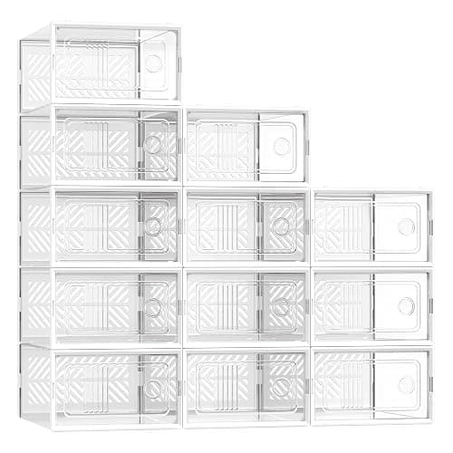 SONGMICS Stackable Shoe Boxes, Foldable Shoe Storage Organizers, Ventilated, for Max. Men's Shoes US Size 9 or Women's Shoes US Size 11, Sneakers, Set of 12, Transparent and White ULSP106W12V2 - Image 1