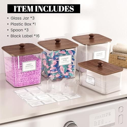Laundry Pods Storage Container, Clear Laundry Room Organization and Storage,Detergent Powder Container,with Wooden Lids & Labels, 3+1 Pack（Dark Brown） thumbnail 5