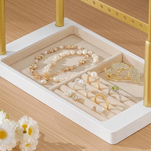 pickpiff Jewelry Organizer Holder Stand: 3 Tier Jewelry Storage Display for Necklace, Bracelet, Earring, Ring, White & Gold thumbnail 6