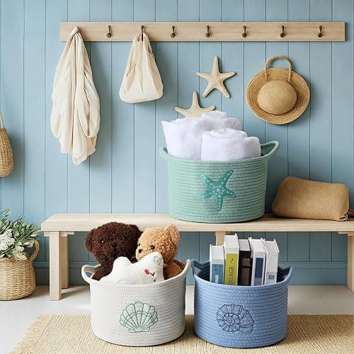 Vesici 3 Pcs Coastal Seashell Starfish Woven Baskets Blue White Green Beach Small Cotton Rope Storage Basket 9.7'' x 7.1'' Laundry Organizer with Handles for Toys Clothes Organization Nursery Bedroom thumbnail 5