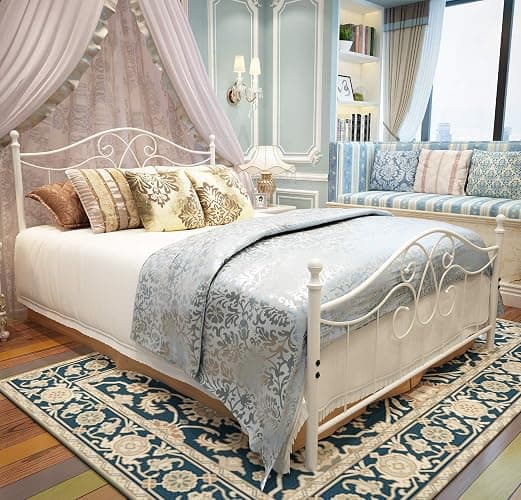 YALAXON Vintage Sturdy Queen Size Metal Bed Frame with Headboard and Footboard Basic Bed Frame No Box Spring Needed (Queen, Grayish White) - Image 1