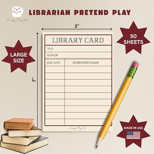 Library Play Notepad for Kids – Pretend Librarian Library Card Books Imaginative Role-Play Playtime Pad – Large 5x7” Notepad, 50 Pages, Made in USA thumbnail 2