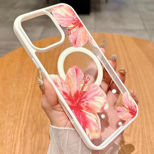 HYUEKOKO Magnetic for iPhone 15 Case [Compatible with MagSafe] Cute Trendy Hibiscus Flower Pattern Design for Summer Hawaiian, Translucent Shockproof Protective Case for Girls Women-White - Image 1