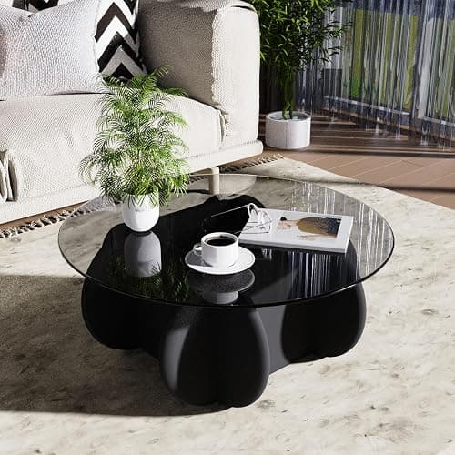 Black Glass Top Coffee Table Modern Elegant Round Coffee Tables with Solid Wood Legs and Tempered Glass Tabletop for Living Room Home Small Space Reception Office Tables 31.5" - Image 1