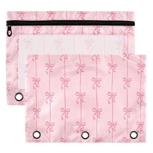 Bowknot Pink Binder Pouches 3 Ring for Boys Girls School Office College Supplies Cute Bow Ribbon Tie Pencil Pouches Case Bag with Clear Window and Zipper 2 Pack - Image 1