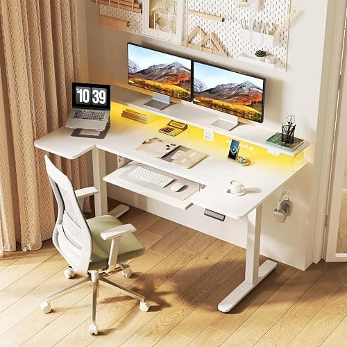 OffiGo U Shaped Electric Standing Desk with Keyboard Tray, 55 Inch Height Adjustable Desk with Power Outlets & LED Lights, Sit Stand Table with Monitor Stand for Home, Office, White thumbnail 2