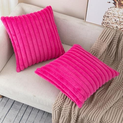 ZLINA Set of 2 Hot Pink Faux Fur Decorative Throw Pillow Covers Fluffy Striped Pillowcase Cushion Covers 18 x 18 Inch Decor Sofa Couch Bedroom thumbnail 5