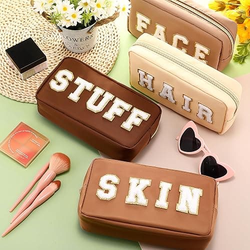 Cunno 4 Pcs Preppy Makeup Bags Chenille Letter Stuff Bag Nylon Cosmetic Pouch Cases with Zipper for Women Travel Toiletry thumbnail 3