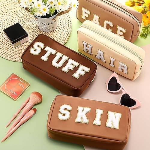 Cunno 4 Pcs Preppy Makeup Bags Chenille Letter Stuff Bag Nylon Cosmetic Pouch Cases with Zipper for Women Travel Toiletry - Brown Set thumbnail 3
