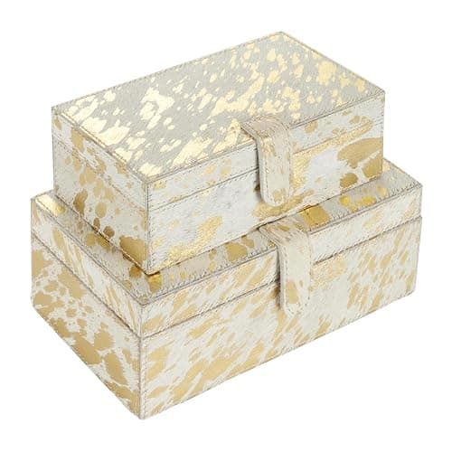 Deco 79 Leather Handmade Decorative Box Decorative Keepsake Boxes with Gold Foil Paint, Set of 2 Storage Boxes 8", 10"W, Gold - Image 1