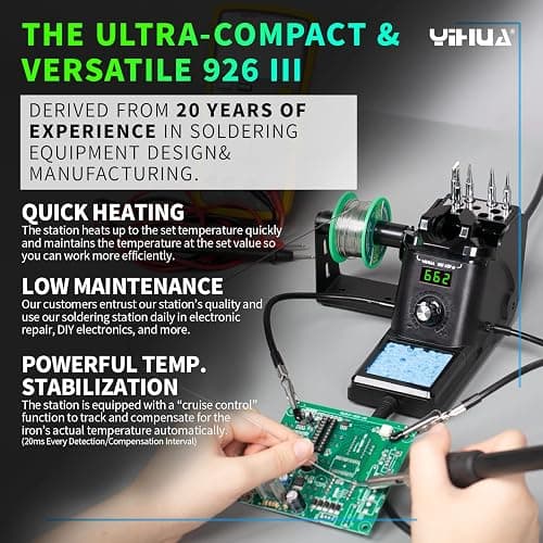 YIHUA 926 III 60W Digital Display Soldering Iron Station Kit w 2 Helping Hands, 6 Extra Iron Tips, Lead-Free Solder, Solder Sucker, S/S Tweezers, °C/ºF Conversion, Auto Sleep & Calibration Support thumbnail 3