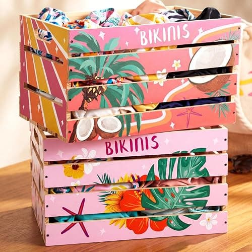 Novabright 2 Pack Large Bikini Box 16x12x9.5in Wooden Crate Box for Swimwear Storage Stackable Bikini Organizer Crate DIY Assembly Summer Pool Party Storage Bin (Tropical,Pink) thumbnail 6