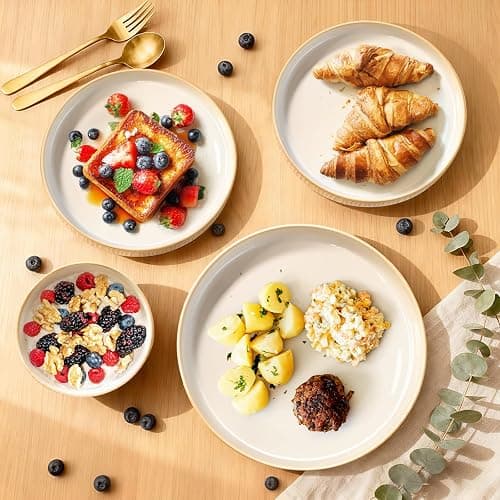 Feastly Stoneware Dinnerware Sets for 4, 12 Pcs Ribbed Reactive Glaze Ceramic Plates and Bowls Sets, Chip Resistant, Microwave Dishwasher Safe Dish Set, Housewarming Gifts, Cappuccino White thumbnail 5