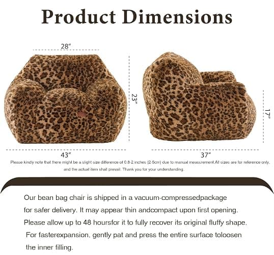 Leopard Print Faux Fur Bean Bag Chair with Armrests, Ultra-Soft Fluffy Sofa for Bedroom Living Room, Foam Filled Floor Chair (Cheetah Print Brown) thumbnail 2
