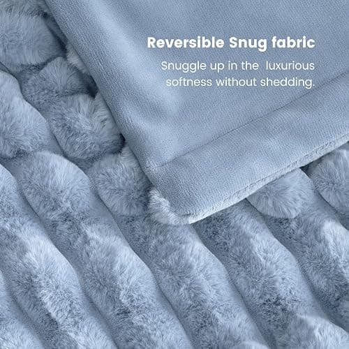 Cozy Bliss Faux Fur Throw Blanket for Couch, Cozy Warm Plush Striped Blanket for Sofa Bedroom Living Room, 50 * 60 Inches Light Blue thumbnail 7
