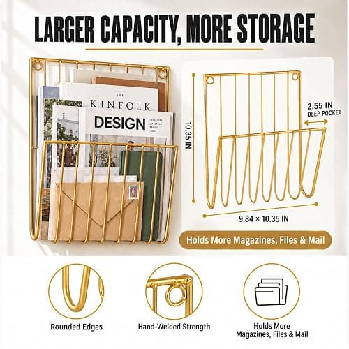 Pipigaty 2-Pack Wall Magazine Rack, Gold Metal Mail and File Organizer | Durable gold metal rack holds magazines and mail while adding a modern accent to offices, bathrooms and living rooms thumbnail 2