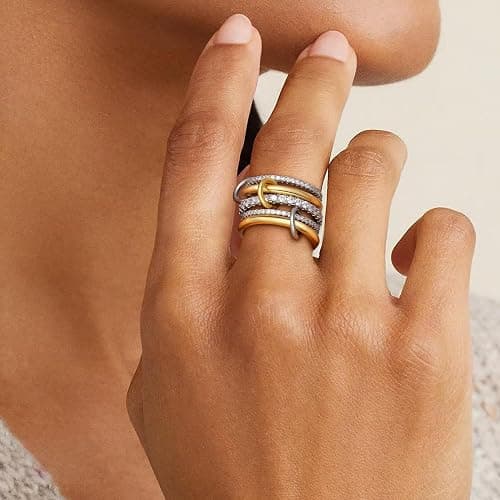 Decholly Gold Stackable Rings for Women, 18K Gold Plated Cubic Zirconia Rings Spinelli Silver Gold Multi Ring Mixed Metals Stackable Ring Set for Women Non Tarnish thumbnail 4