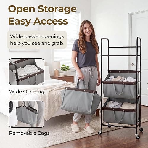 GRANNY SAYS 3 Tiered Laundry Sorter, Narrow Hamper Cart with Wheels | Sturdy 3 Section Laundry Basket with Wheels, Vertical Grey Hamper Cart for Bedroom, Bathroom, Apartment thumbnail 5
