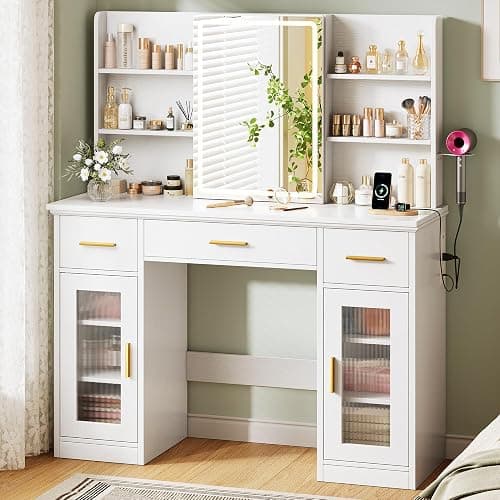 Memobarco 43.5-inch Large White Makeup Vanity Desk with Sliding Mirror | Smart LED Mirror, 3 Lighting Modes, Adjustable Brightness, 9 Shelves, 4 Drawers, 2 Cabinets, Power Outlets, Hairdryer-Rack - Image 1