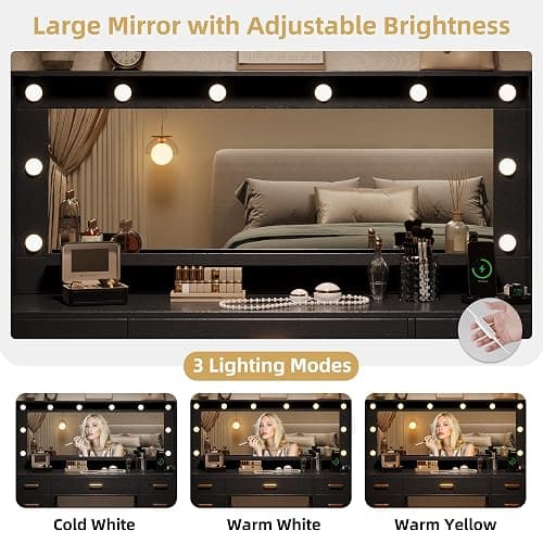 TOKSOM 44.8" Large Vanity Desk with Lighted Mirror & Power Outlet, Black Makeup Vanity Desk with Mirror and Lights, Black Vanity Table with 5 Drawers and 2 Cabinets, Dressing Table for Bedroom thumbnail 4