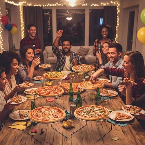 LemonRoad 18 Pcs Pizza Pan Riser Stands Sets Includes 6 Metal Pizzas Table Stands 6 Pan(11.8in) and 6 Wood Handle Pie Server, Pizza Rack Stand Pizzas Tray for Dessert Cheese Weddings Party(Silver) thumbnail 6