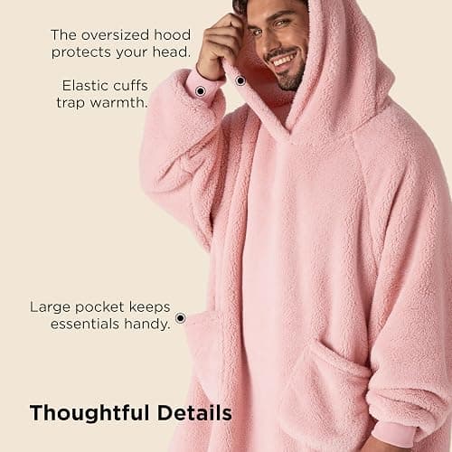 Bedsure Wearable Blanket Hoodie Gifts for Women - Cozy Sherpa Hoodie Blanket for Adult Men, Warm Hooded Blanket Sweatshirt, Pink, Standard thumbnail 6