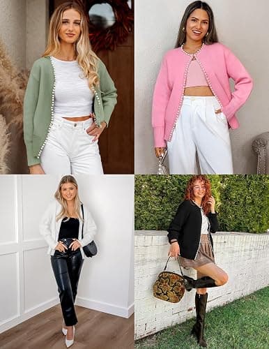 ZESICA Women's Open Front Cardigan Sweater 2026 Fall Casual Knitted Long Sleeve Pearls Trim Outerwear Coat Trendy Clothes thumbnail 6