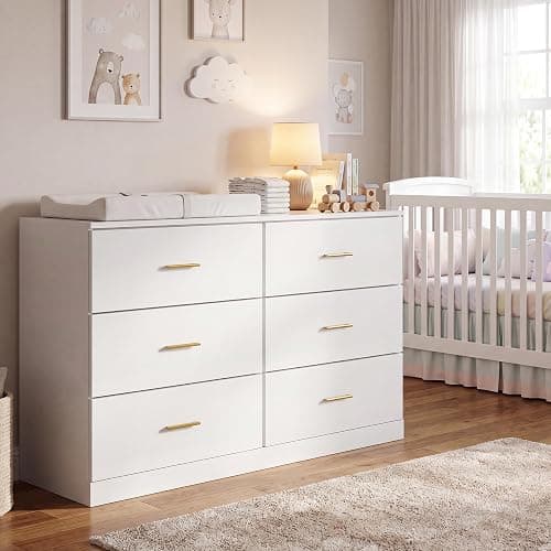 47" Modern White Dresser for Bedroom, 6 Drawer Dresser with Gold Handles | Gabeteros Para Dormitorios Wooden Dresser for Nursery,Kid,Girls Bedroom thumbnail 2