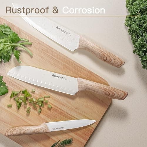 Astercook Knife Set, 13 Pieces Kitchen Knives Set with Ceramic Coating, Stainless Steel Chef Knife Sets with 6 Blade Guards, Dishwasher Safe Knives with Wooden Handle, White thumbnail 5