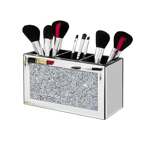 SHYFOY Makeup Brush Holder Organizer with Crushed Diamond 6 Slot Mirrored Make up Cosmetics Organizers and Storage for Vanity Countertop