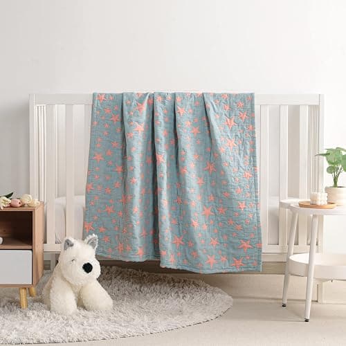 NTBAY 3 Layer Toddler Blanket, Muslin Cotton Jacquard Bed Blankets, Lightweight Thermal Baby Blanket, Super Soft and Warm Crib Blanket for All Seasons, Decoration Gift, 30"x40", Red and Blue Star thumbnail 4