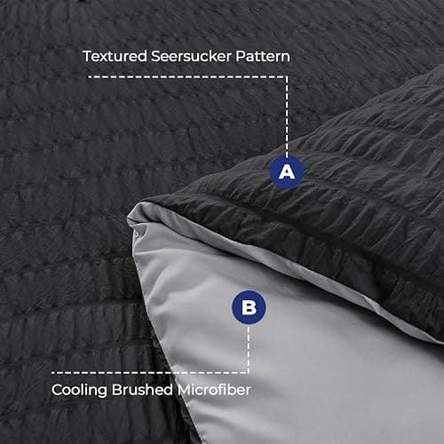 HYMOKEGE Black/Light Grey Queen Comforter Set Seersucker 7 Pieces, All Season Luxury Bed in a Bag for Bedroom, Bedding Set with Comforters, Sheets, Pillowcases & Shams thumbnail 4