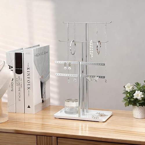 pickpiff Silver Jewelry Stand Holder Organizer: 14.5" Sturdy Hanger for 80 Pcs Jewelry, Jewlery Tower for Display Necklace, Earring, Bracelet, Watch thumbnail 6