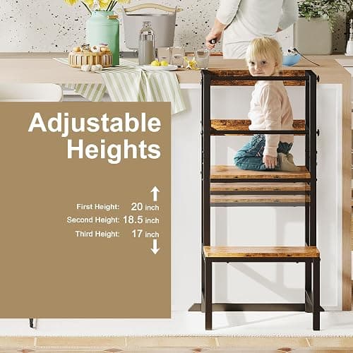INNOD Kitchen Step Stool for Toddlers, Height Adjustable Toddler Tower with Safety Rail, Steel and Wood Toddler Kitchen Stool Helper Kids, Stool for Kids, Learning Tower, Kids' Desk Brown - Wood thumbnail 4