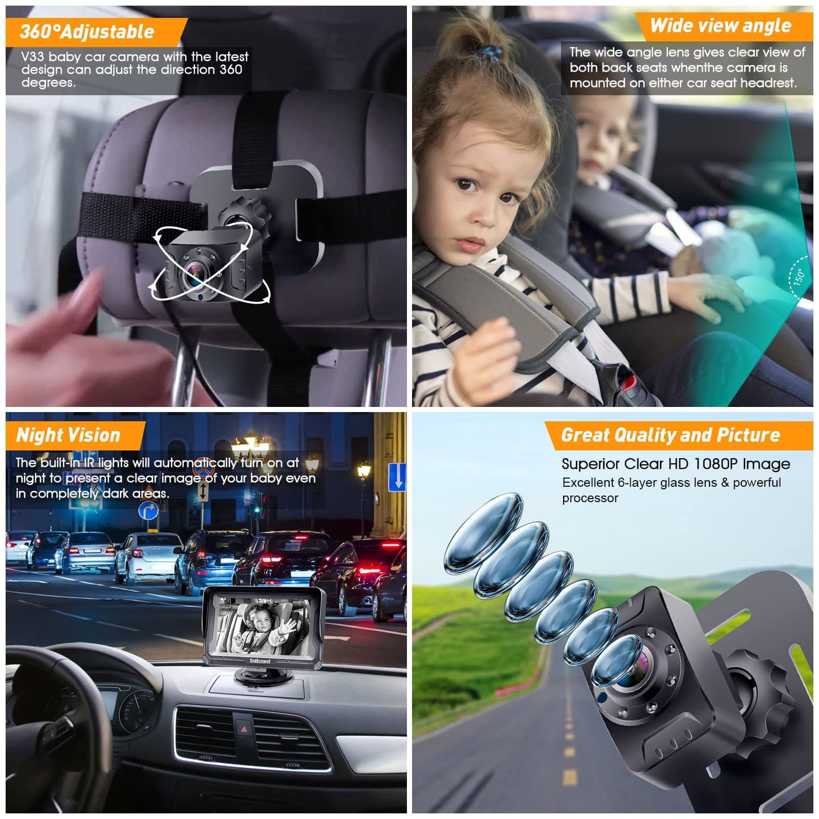 DoHonest Baby Car Camera HD 1080P with Display - Infant Safety Seat Baby Car Mirror for Rear Facing 5 Mins Easy Installation Night Vision V33 Black thumbnail 3