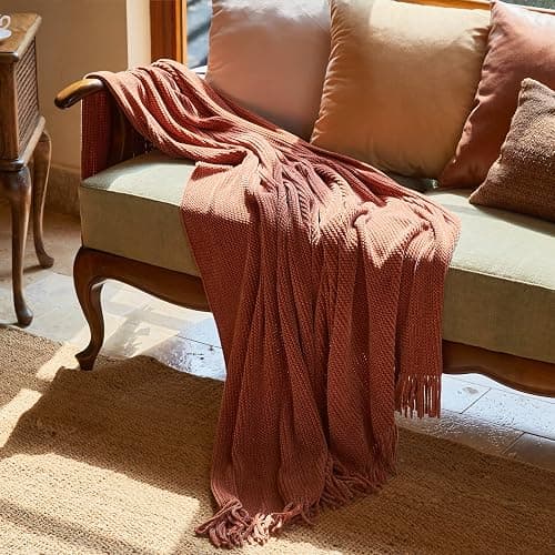 lifein Throw Blanket for Couch, Soft Boho Bed Throw,Cozy Burnt Orange Chenille Knitted Small Spring Lightweight Throw(Rust,50 * 60") thumbnail 8