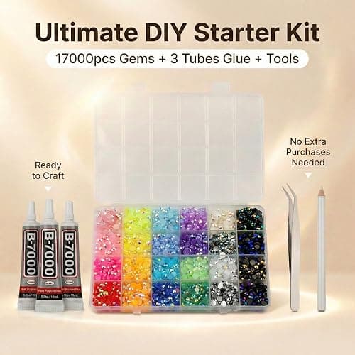 17000Pcs Rhinestones for Bedazzling, 4mm Bedazzler Kit with Flatback Rhinestones for Clothes Crafting Crafts Nails Clothing, Flat Back Resin Rainbow Colorful Colored Crystal with B 7000 Glue Clear thumbnail 2