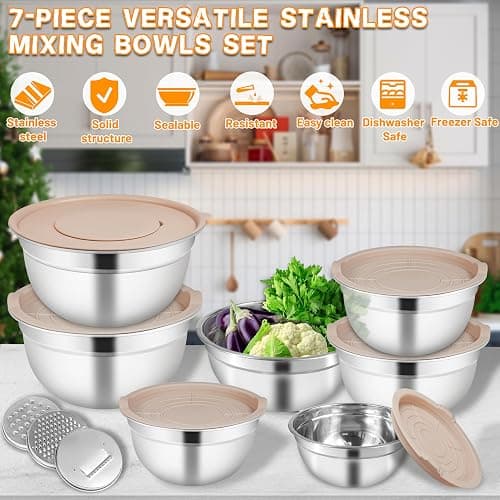 Mixing Bowls with Airtight Lids for Kitchen, 7 Piece Stainless Steel Metal Nesting Storage Bowls, 3 Grater Attachments, Size 4.5, 3.6, 2.7, 2.1,1.7, 1.1,0.7QT for Mixing, Baking & Serving Food thumbnail 6