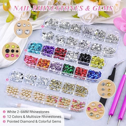 12 Boxes Nail Gems and Charms, Gold Charms for Nails Rhinestones Kit with 30 Sheets Nail Art Stickers Crystals Flatback Pearls Nail Decals Fruit Nail Charms Pearls for Nails Design DIY Accessories thumbnail 2