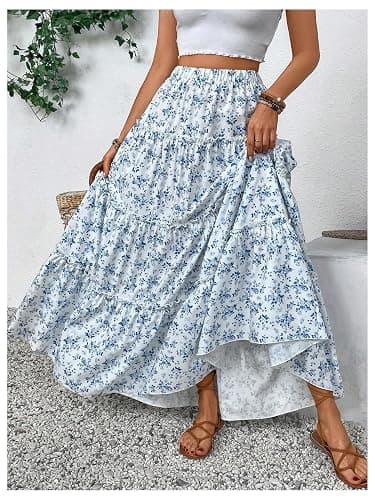 Floerns Girl's Floral Maxi Skirt Elastic Waist Tiered Ruffle Hem Summer A Line Skirts thumbnail 4