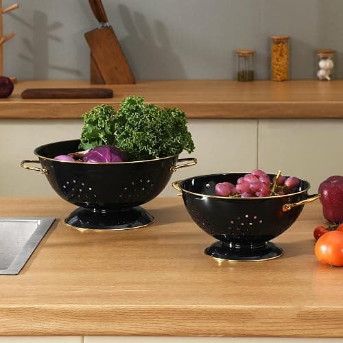 Metal Colander 2 Pack, 3.5 Quart Powder Coated Self-draining Solid Ring Base Metal Large Kitchen Pasta Vegetable Fruit Strainer with Handle (L-BLACK) thumbnail 7