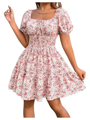 Floerns Women's Boho Square Neck Puff Short Sleeve Self Tie Front A Line Dress thumbnail 4