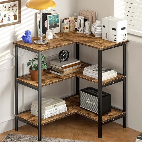 VECELO Corner Cabinet Table with 3 Tier Open Shelf, Multipurpose Display Organizer Storage Stand for Small Space Home Office Kitchen, Brown - Image 1