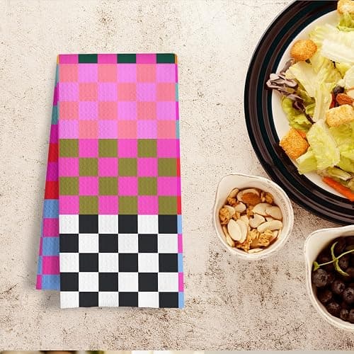 HSIASHENG Preppy Checkered Kitchen Towels, Vibrant Funky Checkered Dish Tea Towels, Retro Trendy Plaid Checkerboard Decorative Hand Towel for Bathroom Kitchen Spa Gym, 16x24 Inch thumbnail 5