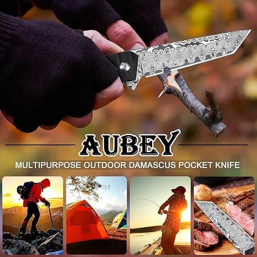 AUBEY Damascus Pocket Knife with Clip, Tanto Blade Damascus Steel Folding Knives for Men Tactical, Aluminum Handle with Glass Breaker for EDC Camping Gift thumbnail 8