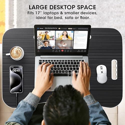 Frpufi Folding Lap Desk, 23.6 Inch Wood Laptop Bed Desk with Cup Holder, Portable Bed Table for Working Writing Reading & Eating for Bed, Sofa, Couch, Floor - Black thumbnail 5
