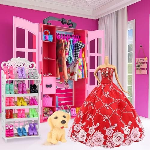 Ecore Fun 120 Pcs Fashion Doll Closet Wardrobe for Clothes and Accessories Storage Include Clothes, Dresses, Shoes, Shoes Rack, Bags, Necklace, Hangers for 11.5 Inch Girl Doll Clothes thumbnail 8