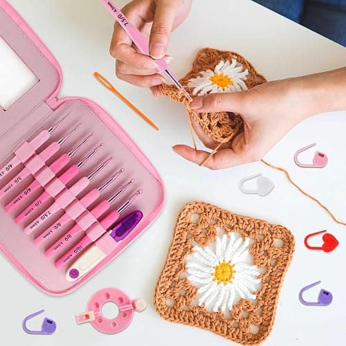 AEXHOT 34PCS Crochet Hooks Set, 8 sizes 2.5-6 mm High-Quality Pink Gradient Aluminum Ergonomic Soft Handle Crochet with Case and Crochet Kit for Beginners Adults for Arthritic Hands Crochet Needle Set thumbnail 5